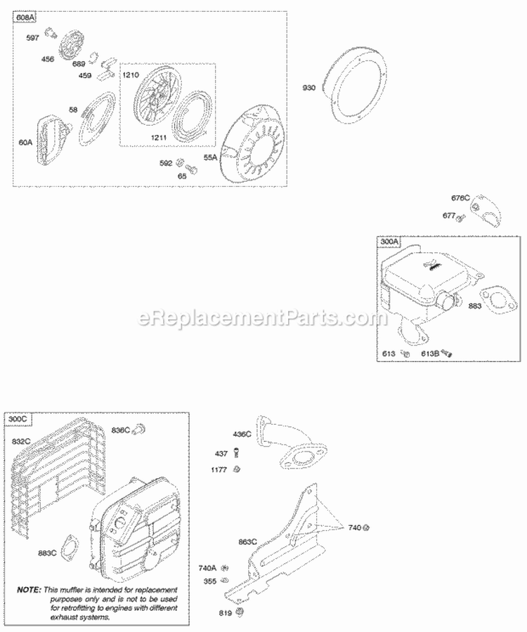 Exhaust System Rewind Starter Diagram and Parts List for 21X314-0110-E1  Briggs and Stratton Engine